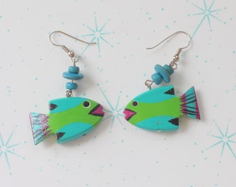 Vintage Kitsch Fish Earrings, Colorful Sea Life Jewelry