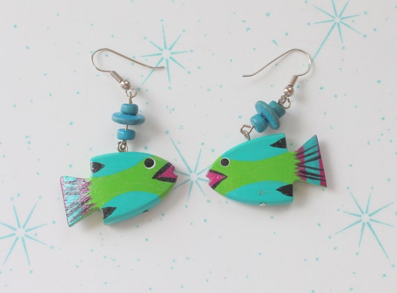 Vintage Colorful FISH Earrings..pierced ears ocean dangly retro fish jewelry fish in the sea animal lover colorful sea life kawaii