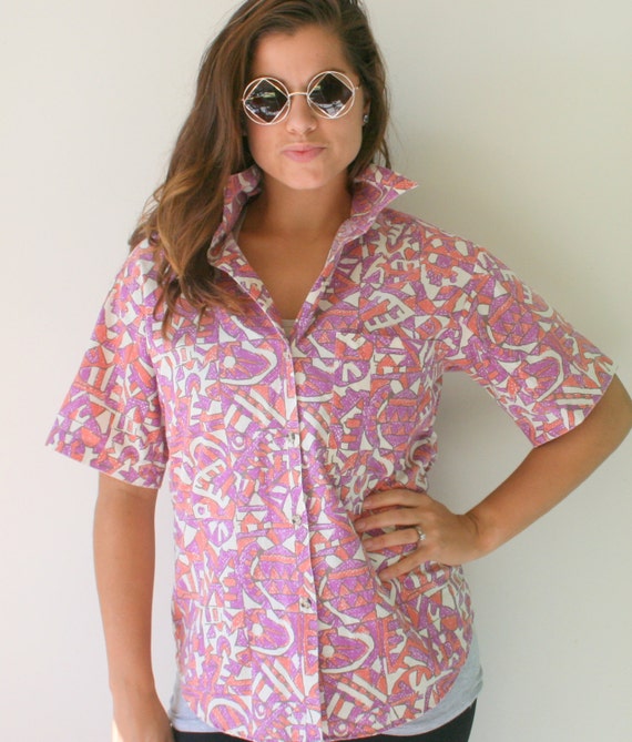 1980s Geometric Print Button-Down Shirt, M/L - image 1