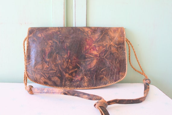 Vintage 1980s Leather Shoulder Bag: Green & Brown… - image 1