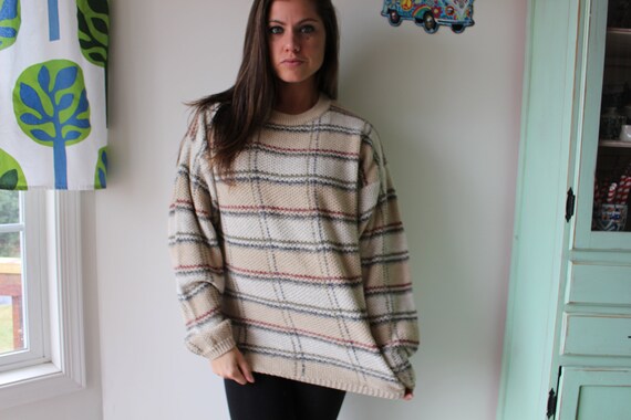 1980s Geometric Striped Sweater: Linen Cotton Ble… - image 2
