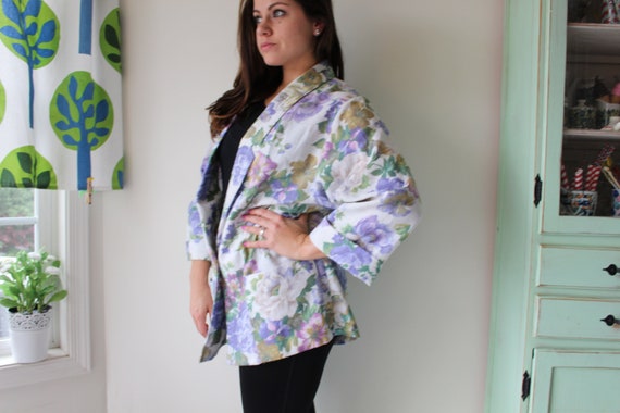 1980s Floral Blazer Jacket...size large. blue. co… - image 3