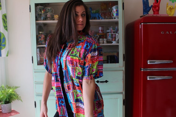 Vintage 80s Silk Blouse: Rainbow Abstract Print, … - image 4