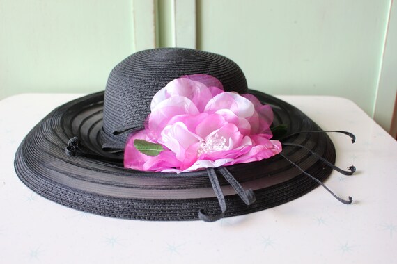 Vintage Mid Century Hat....black straw hat. churc… - image 2