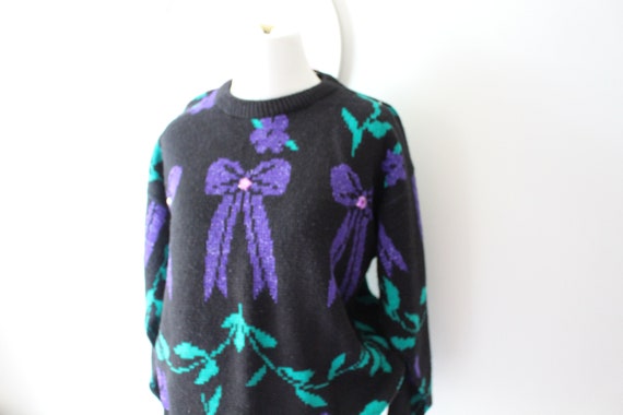 1980s Purple Teal Black Bow Sweater.......size sm… - image 2