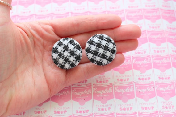 Vintage PLAID SCHOOL GIRL Stud Earrings.fabric. c… - image 1