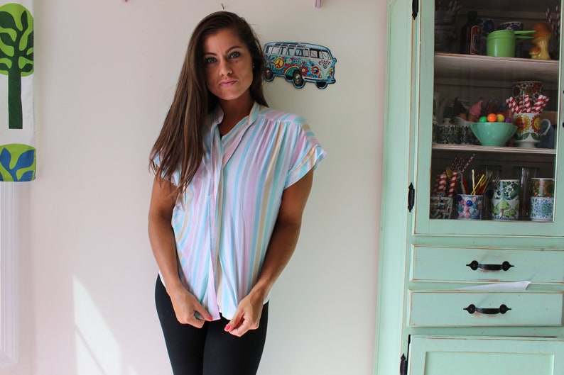 bright rad striped urban crop top medium fun 1980s RAINBOW Pastel Hipster Button Down....pink large colorful unisex retro 1980s