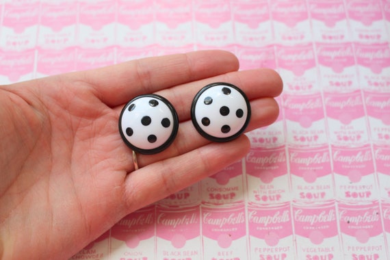 Vintage POLKA DOT Earrings..round. black and whit… - image 1