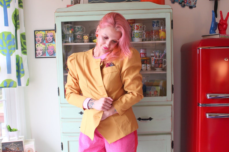 mod 1980s Vintage Brown MUSTARD Jacket...vintage 12 shoulder pads big buttons womens retro made in USA gogo twiggy business kooky