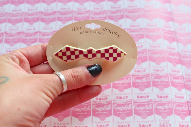 retro dainty barette 1980s glam ladies cute party NOS 1980s CHECKERED Hair Bow Clip Barrette.....FRANCE womens accessories sweet