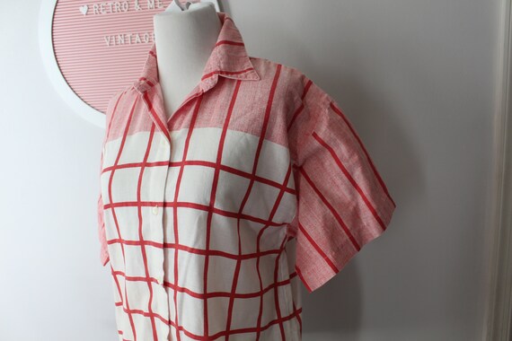 Vintage Red White Check Striped Unisex Blouse....… - image 4