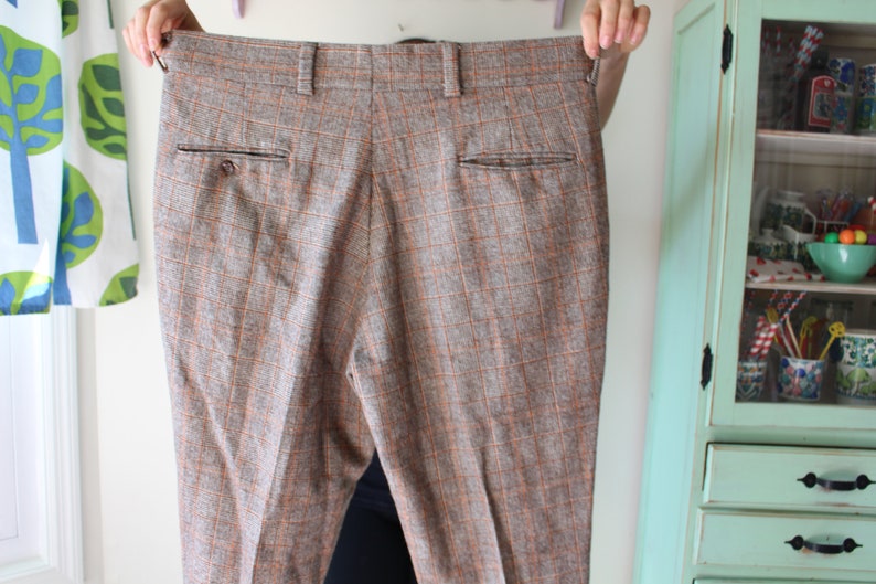 fun colorful urban 1970s bright 1970s PLAID DISCO Brown Orange Dapper Rad Pants....grandpa rad pleated pants hippie 70s show retro