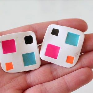 1980s Mod Stud Earrings: Retro Color Block Costume Jewelry