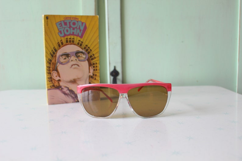 Vintage Flat Top Mod Taiwan ROC 1980s Sunglasses.retro. colorful shades. costume. hipster. gold. shades. indie. chic. pink. boho. deadstock. image 1