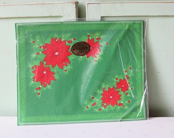 1980s Christmas Placemats: Poinsettia Vinyl Holiday Set of 8