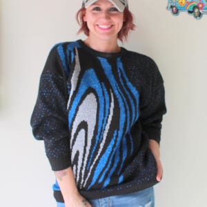 1980s Geometric Acrylic Sweater: Blue Retro Party Top