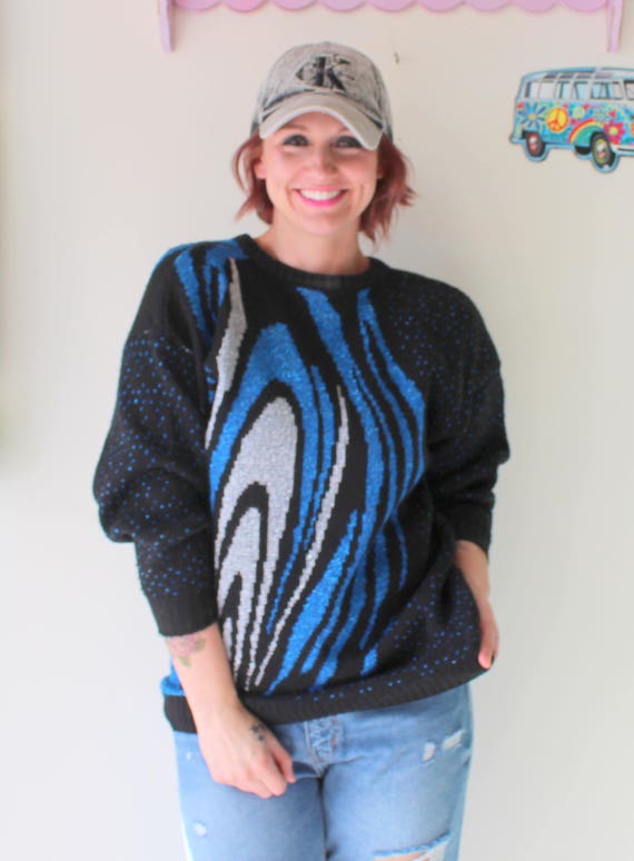 1980s Geometric Acrylic Sweater: Blue Retro Party… - image 1