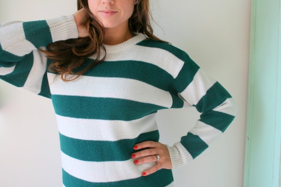 1980s Striped Acrylic Sweater: Retro Green & White - image 1