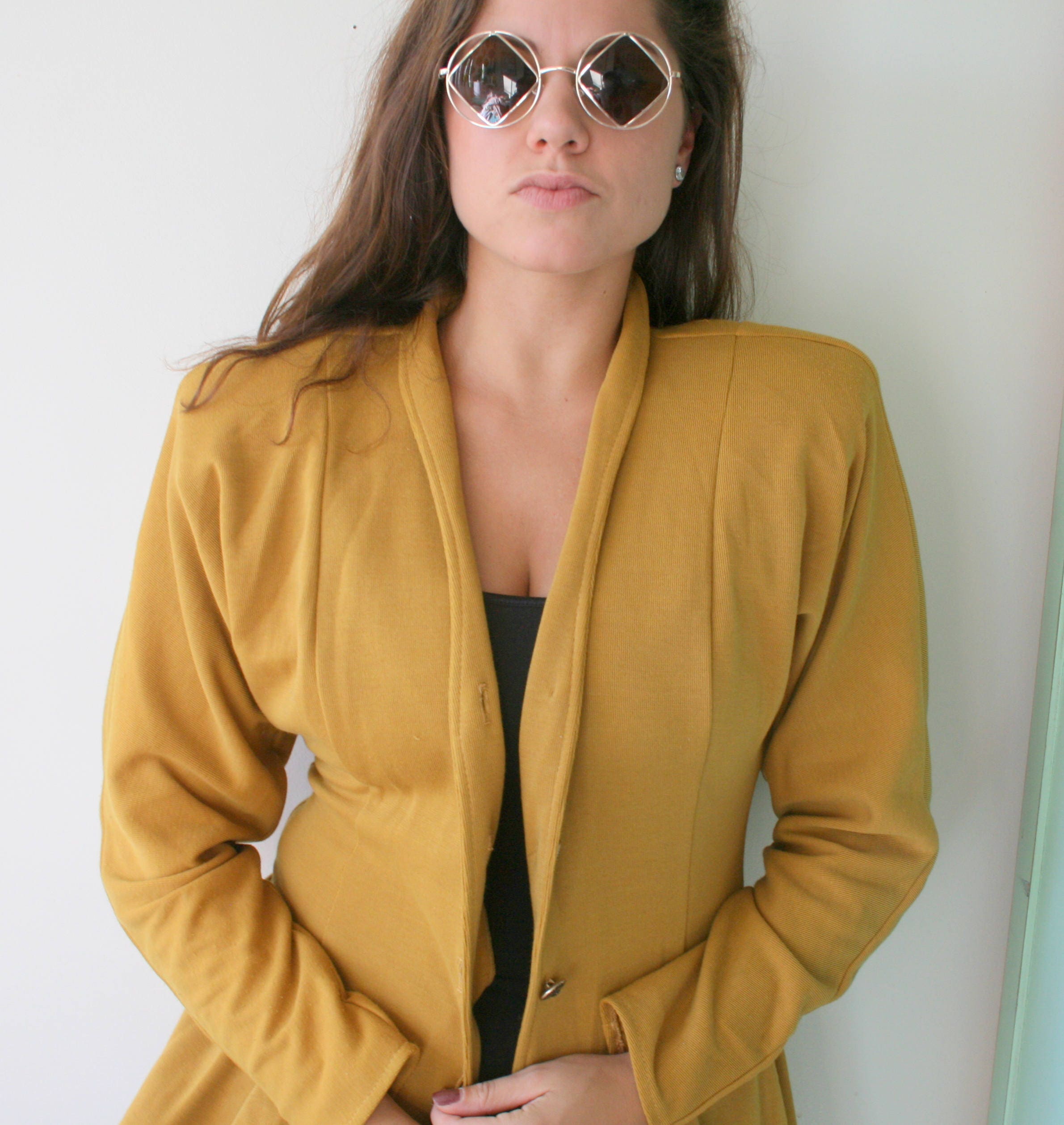 Vintage MUSTARD Jacket Blazer.....city girl. mod. costume. blouse. womens. ladies. business. flowy top. soho. fancy.mustard yellow. green