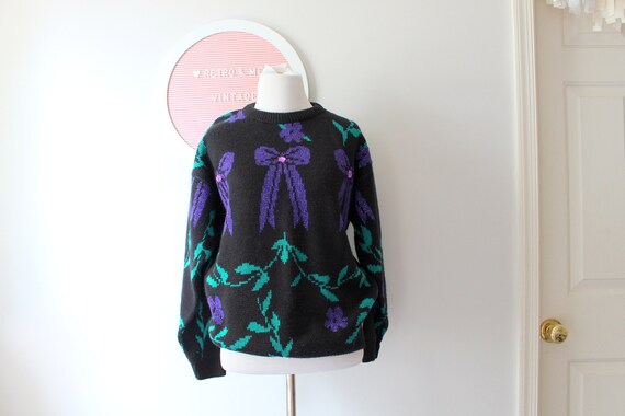 1980s Purple Teal Black Bow Sweater.......size sm… - image 1