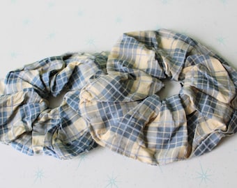 1980s Plaid Hair Scrunchies: Retro Blue Hair Accessories - Set of 2