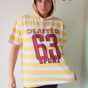 1980s Striped Hoodie Top: Kitsch Retro Tee, Medium