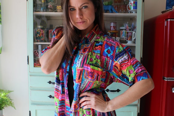 Vintage 80s Silk Blouse: Rainbow Abstract Print, … - image 5