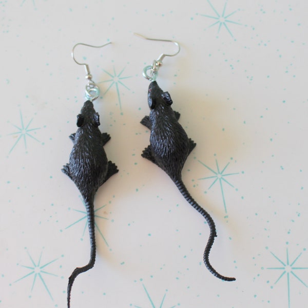 The RAT Earrings.....spooky. halloween. novelty. weird. creepy. retro. goth jewelry. rats. black. rodent. plastic toy. rat earrings. mouse