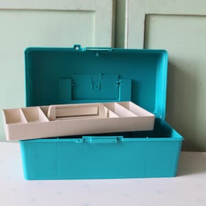 May include: An open, teal-colored plastic toolbox with a removable, off-white tray. The toolbox has a handle and a latch. The tray has several compartments for organizing small items. The toolbox is sitting on a white surface.
