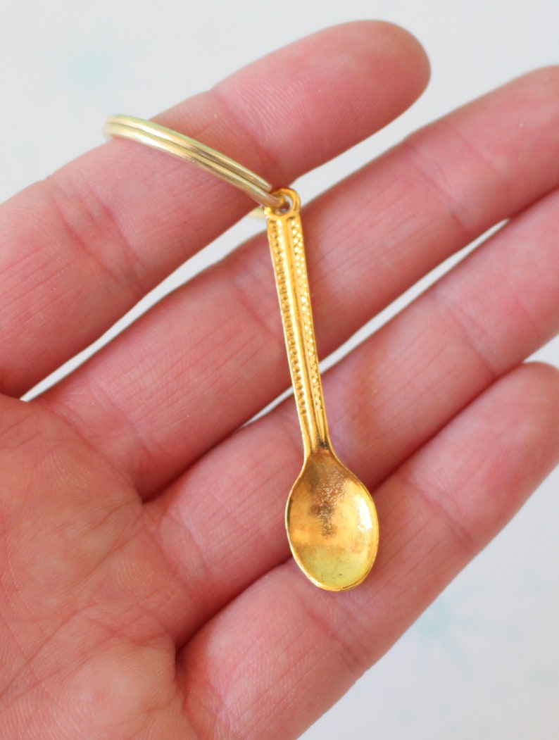 spoon gold spoon. hipster kitsch hippie coffee The SPOON Keychain..coffee house retro boho golden charm cream urban fork metal
