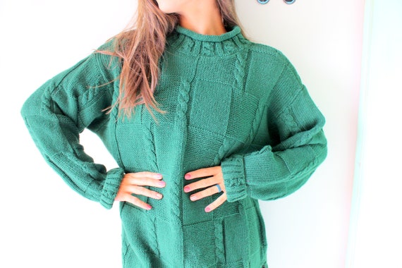 Vintage 90s Emerald Green Cotton Knit Sweater - Unisex Oversized 