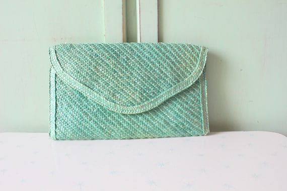 Vintage Mint Green Folk Straw Purse... retro. pur… - image 1