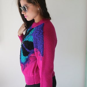 1980s BEAUTIFUL Geometric Sweater...small. colorful. bright. retro. costume. 1980s sweater. rad. fun. beads. pink. purple image 3