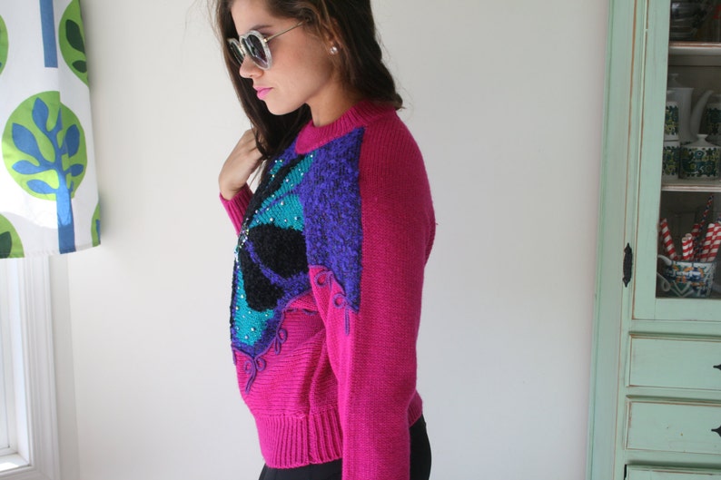 1980s BEAUTIFUL Geometric Sweater...small. colorful. bright. retro. costume. 1980s sweater. rad. fun. beads. pink. purple image 3