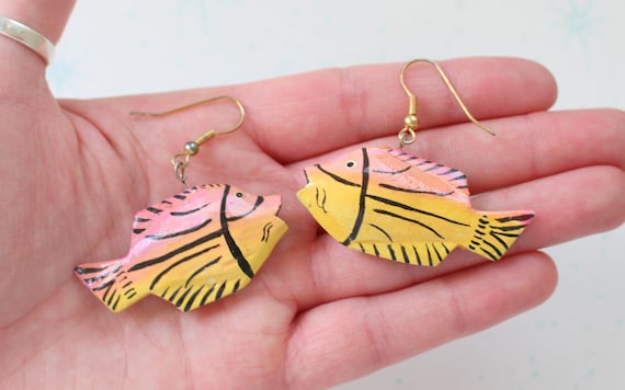 Vintage Colorful FISH Earrings..pierced ears ocean dangly retro fish jewelry fish in the sea animal lover colorful sea life kawaii