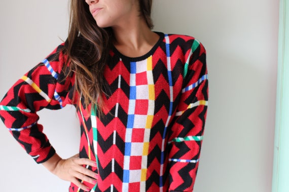 1980s Red Yellow Black Green Geometric Sweater...… - image 3