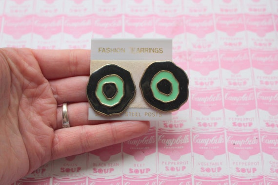 NOS 1980s Vintage NEON Green Black Round Earrings… - image 1