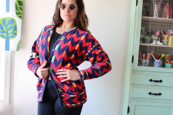 1980s RAINBOW Geometric Cardigan Sweater...small.… - image 2