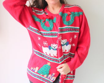 Vintage CHRISTMAS TREE Jingle Bell Holiday Sweater....pom pom. cardigan. red. ugly christmas sweater. cute. kitsch. funny. one size