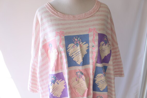 1980s Pink Purple Blue Hearts Pajama Oversized Te… - image 4