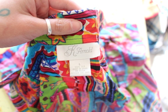 Vintage 80s Silk Blouse: Rainbow Abstract Print, … - image 9