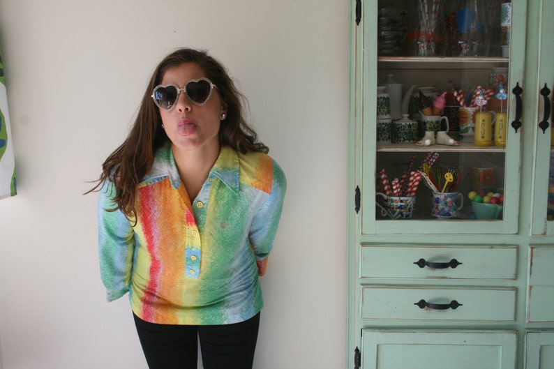 summer hipster 1970s RAINBOW Swirl Retro Collared Shirt...kitsch rainbow colorful urban hippie 70s clothing twiggy 1970s boho top