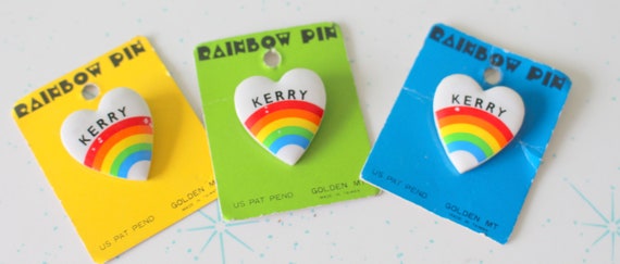 1980s RAINBOW Name Button Pin....heart. rainbow b… - image 1