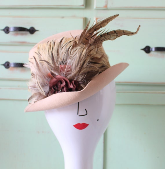 Vintage FEATHERED TAN Hat..vintage hat. church. f… - image 1