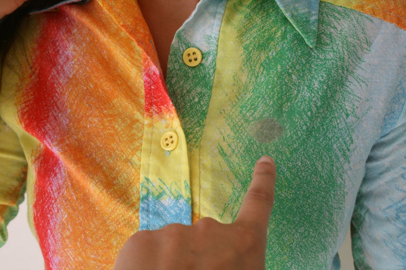 summer hipster 1970s RAINBOW Swirl Retro Collared Shirt...kitsch rainbow colorful urban hippie 70s clothing twiggy 1970s boho top