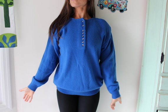 1980s ROYAL BLUE Sweater...unicorn. colorful. bri… - image 3