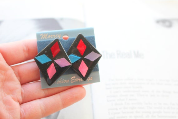 1980s GLAM NOS Earrings...rainbow. retro. kitsch.… - image 1