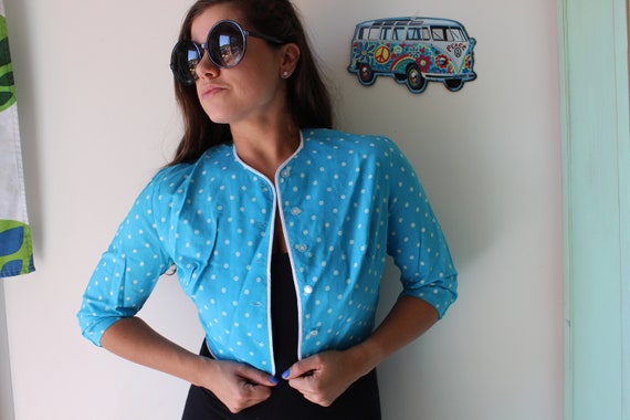 Vintage Blue POLKA DOTS Blouse.....small. mod. co… - image 2