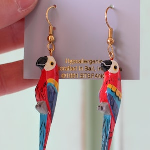 1991 STEFANO New Old Stock PARROT Bird Earrings....kitsch. retro. safari. animal lover. bird jewelry. zoo animals. safari. jungle. bird