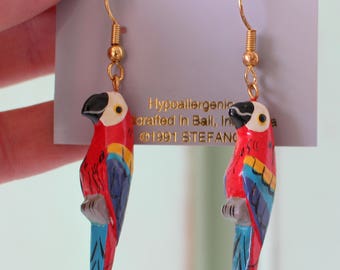 1991 STEFANO New Old Stock PARROT Bird Earrings....kitsch. retro. safari. animal lover. bird jewelry. zoo animals. safari. jungle. bird